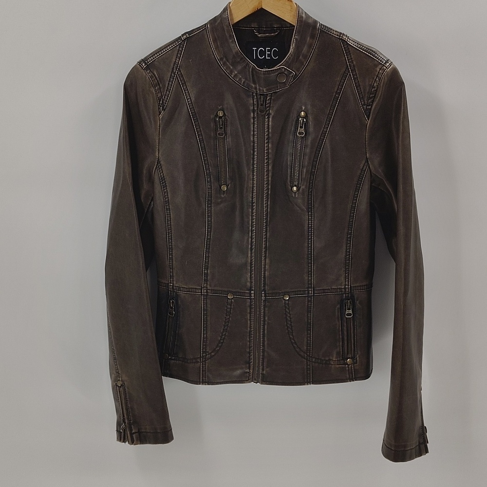 TCEC Faux Leather Moto Jacket Large Chocolate Brown